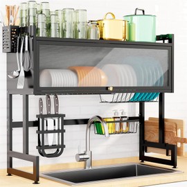 3 Tier Over Sink Dish Drying Rack, Kitchen Sink Rack Dish Storage with Cover for for Dishes, Glasses, Bowls and Cutlery, Dish Drainers Organizer for Kitchen Counter Storage