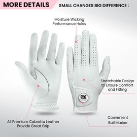 GKandi Womens Golf Gloves with Ball Marker Left Right Hand Handed, All Premium Cabretta Leather Ladies Golf Glove Value 1 Pack TourFit and Durable (White, S,Worn on Right Hand)