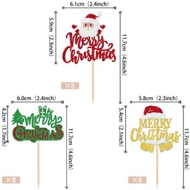 24 piezas de adornos para magdalenas de Feliz Navidad, dorado, verde, rojo, purpurina, Papá Noel, árbol de Navidad, para decoración de pasteles de Navidad, Navidad, Año Nuevo, día festivo, cumpleaños, fiesta de cumpleaños