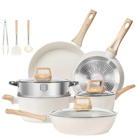 SODAY Premium 12-Piece Granite Coated Nonstick Cookware Set - Includes Fry Pans, Saucepans, Steamer, Silicone Utensils & Tongs for Effortless Cooking - Color: White