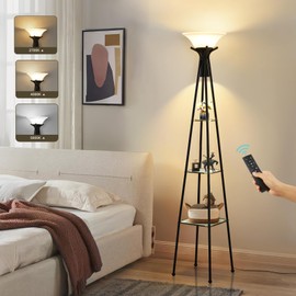 Floor Lamp with Shelves, 69” Tall Shelf Lamp with Remote Control, 3-Tier Glass Shelf Lamp, Dimmable Industrial Floor Lamps for Living Room, Bedroom, Home Office, 3 Color Temperatures Bulbs Included