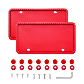 Kewucn Silicone License Plate Frames Covers, 2 Pack License Plate Bracket Holders with Bolts Washer Caps, Universal US Exterior Car Accessories, Rust-Proof, Rattle-Proof, Weather-Proof（Red）