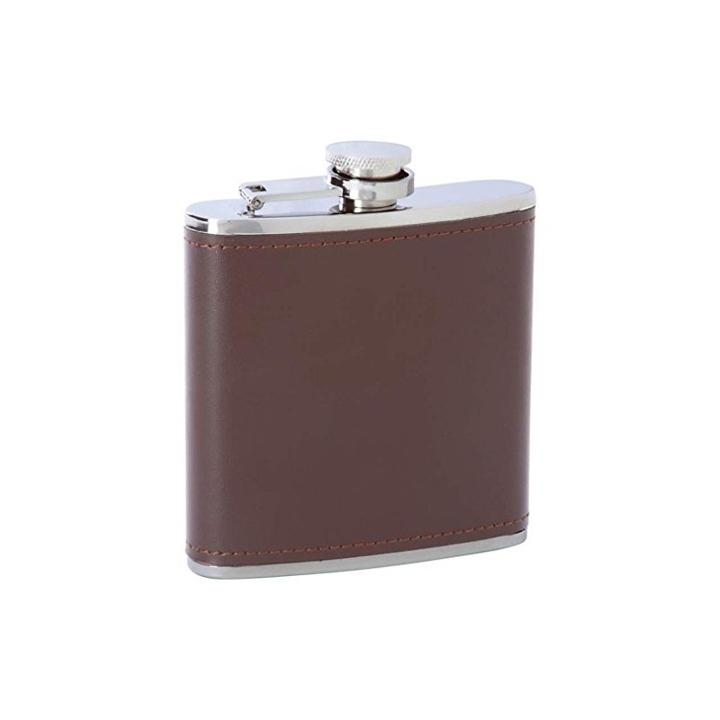 Maxam 6oz Stainless Steel Flask With Brown Genuine Leather Wrap