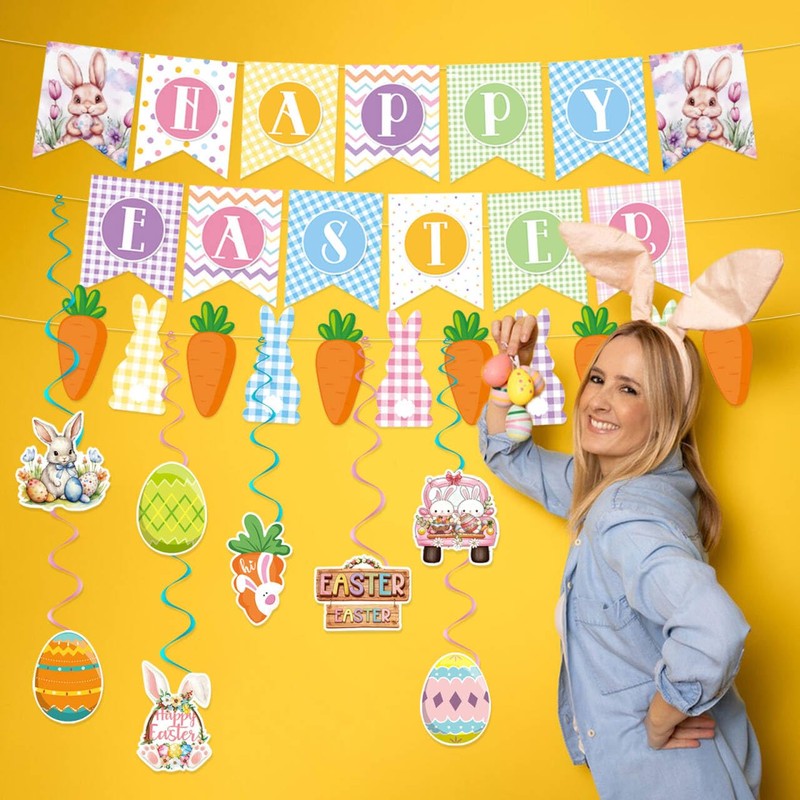Happy Easter Banner Easter Decorations Bunny Easter Banner Garland Egg