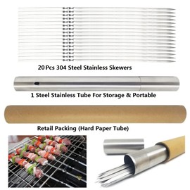 APPKOOK 20pack 15" Stainless Steel BBQ Skewers+ Storage Tube Flat Barbecue Skewer for Grilling Reusable Metal Needle Sticks for Shish Kebob