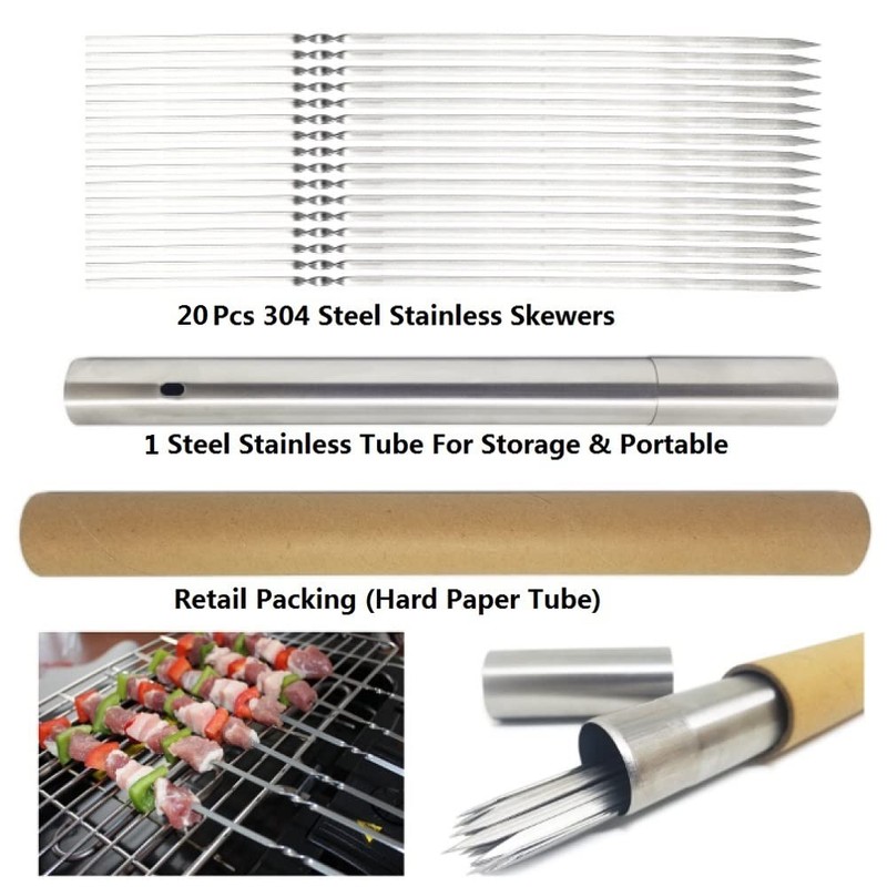 APPKOOK 20pack 15" Stainless Steel BBQ Skewers+ Storage Tube Flat