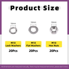 Swpeet 60Pcs Metric 304 Stainless Steel M10 Hex Nuts and M10 Flat Washers with M10 Split Lock Washers Assortment Kit, Coarse Thread Hexagon Nut for Home Automotive Shop Use