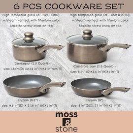 Moss & Stone Nonstick Induction Cookware Set, Aluminum Pots and Pans Set with Glass Lid, 6 Piece
