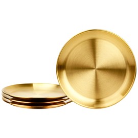 Hbluefat 4 PCS 12 Inch Gold Brushed Stainless Steel Plate,Round Metal Dinner Plates,Kitchenware Dinner Dishes Serving Tray Camping Plates for BBQ,Snack,Steak,Food Serving,Dishwasher Safe (Golden)