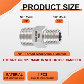 Rebower 1 Pack 304 Stainless Steel Male to Male Adapter, 3/8" Male NPT x 1/4" Male NPT Hex Nipple Pipe Extension Fitting for Industrial, Automotive, Fluid Transfer, Home Gardening, Water
