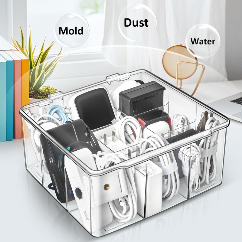 Charger and Cable Organizer Box with 10 Wire Ties, Adapter