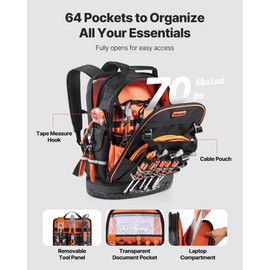 VEVOR Tool Backpack, 64 Pockets, Heavy-duty Tools Storage Organizer Work Bags Backpack with Laptop Compartment & Molded Base, Electrician Jobsite Backpack for Electrician, Repairman, and HVAC Techs