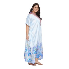 Oussum Caftán largo de satén sedoso para mujer, talla grande, estampado, suave caftán, vestidos de playa, traje de baño, ropa de dormir, maxivestido, Azul Cielo Floral&Paisley Kaftan, Talla única Más