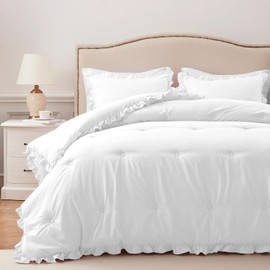 HARBOREST Full Comforter Set White - Ruffle Comforter for Full Size Bed, Fluffy Full Size Comforter Set for All Seasons, 3 Pieces Shabby Chic Bedding Comforter Set(1 Comforter & 2 Pillow Shams)
