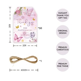 50pcs Butterfly Thank You Tags, Butterfly Gift Tag with String for Wedding Party, Thank You Paper Tags for Birthday/Flower Engagement/Floral Bridal Shower Party Favors