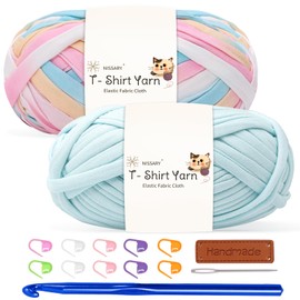 T Shirt Yarn for Crocheting 100gx2 Chunky Crochet Yarn Elastic Fabric Set with 10mm Hook and Accessories – Ideal for DIY Bags, Blankets, Baskets and Home Decor Projects (Mix-Sky)