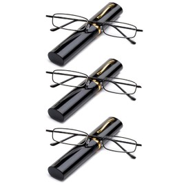 3 Packs Pocket Readers Ultra Compact Spring Temple Reading Glasses w/Portable Pocket Clip Aluminum Case Black +1.00
