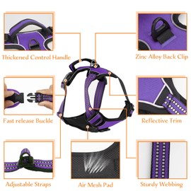 No Pull Dog Harness for Small Medium Large Dogs Adjustable Reflective Pet Vest with Front Clip Padded Harness for Dogs Easy Control Handle Best for Outdoor Training and Walking Purple M