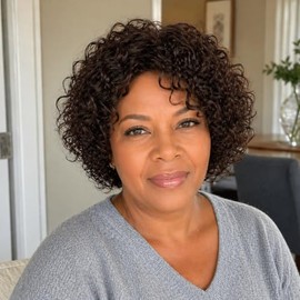 Peluca de cabello humano corto y rizado para mujeres negras, 2# marrón oscuro con parte lateral para usar y llevar, sin encaje, no necesita pegamento,