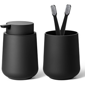 Juego de accesorios de baño de plástico negro mate, dispensador de jabón de manos y soportes para cepillos de dientes, 2 piezas