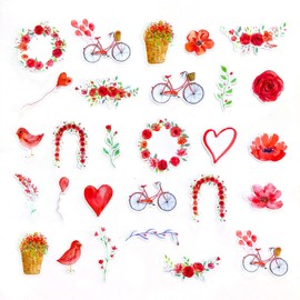 Navy Peony Red Heart and Rose Valentine Stickers | Waterproof Decals for Laptops | Stickers for Scrapbook and Journal (28pcs)