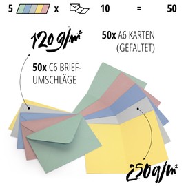 Japun - Set of 50 blank folding cards with envelopes, folding cards for designing, labelling or printing - DIN A6 / C6 - pastel mix colourful