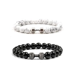 Atiptu Dumbbell Bracelets for Men Women Natural Stone Dumbbell Beads Bracelets Train Tough Dumbbell Bracelet Gym Bracelet Fitness Barbell Jewelry(Black+Silver)