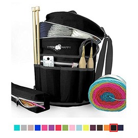 Stitch Happy Knitting Bag (Black): 7 Pocket Yarn Bag, Crochet Bag, Yarn Storage, or Crochet Storage
