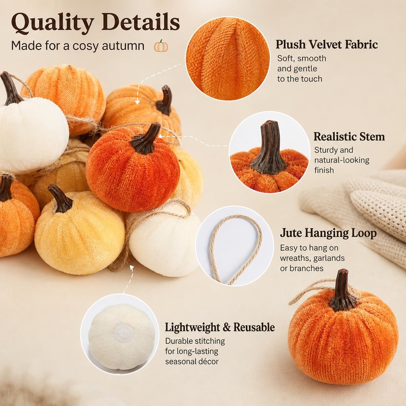 12 PCS Mini Pumpkins Decorations, Autumn Hanging Ornaments, Knitted Pumpkin