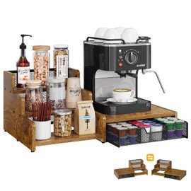 Bliesosfud Coffee Station Organizer with K Cup Holder, 24 Pod Capacity,3-Tier Syrup Rack with Coffee Pod Holder Drawer, Coffee Bar organizer Countertop for Accessories,Rustic Brown