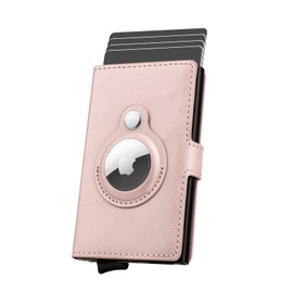 AirTag Wallet Men's Credit Card Holder, Leather Card Wallet RFID Blocking Pop Up Metal Bank Card Case(Bright Pink)