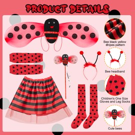 Kinwers Ladybird Costume Children, 6 Pieces Ladybug Costume Girls with Headband, Wings, Skirt, Wand Socks, Gloves, Ladybird Costume Baby Princess Tutu Carnival Costume Children