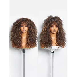 GORGIUS Veralux Blend Human Hair Highlight Brown Curly Wig with Bangs Glueless Synthetic Bang Wigs with Realistic Scalp Put On ang Go Beginner Friendly 20 Inch