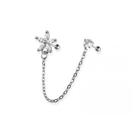 Pierced Owl 18GA 316L Stainless Steel Flower and Round CZ Crystal Connecting Chain Linked Cartilage Barbells (Silver Tone)