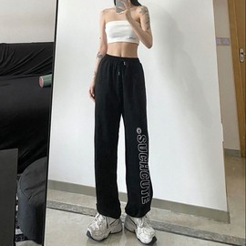 Sohamsomham Women's High-Waist Strap Casual Pants with Contrast Letter Print & Tapered Ankle Loose Sao Black+2XL 68.00 Kg-75.00 Kg 3ea