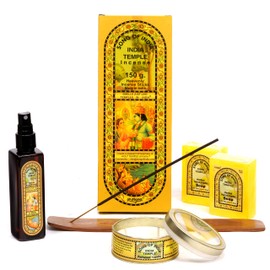 Song of India - India Temple Gift Set #14, India Temple Incense, Perfumed Candle, Wood Incense Burner, Room Freshner, and 2 Herbal Hand Made soap