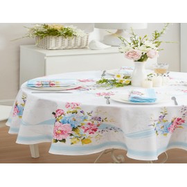 Newbridge Easy Care Fabric Oval Tablecloth, 60 x 84 Inch, Fall Cottage Rose, Wrinkle and Stain Resistant Blue and Pink Floral Table Cover for Indoor Outdoor Entertaining