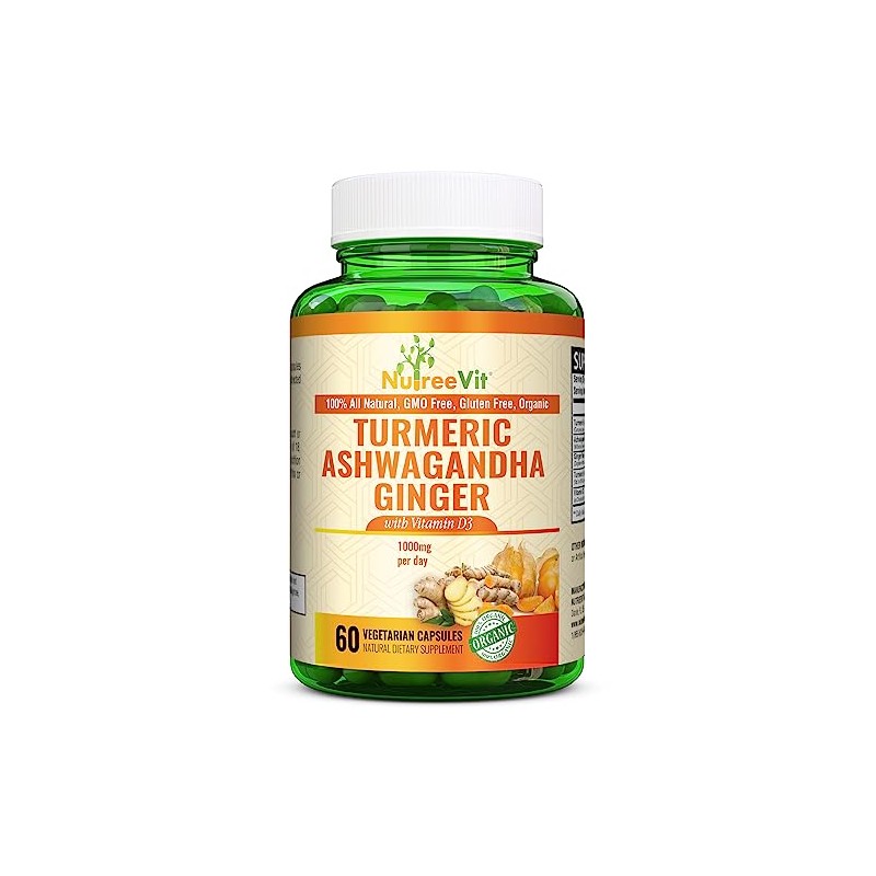 NutreeVit Organic Turmeric Ashwagandha Ginger Vitamin D3-60 Capsules - Extra