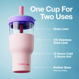 CHAKO LAB Insulated Stainless Steel Water Bottle | Dual-layer tumbler with Glass Linner and Stainsteel Linner | BPA-Free Leak Proof Thermos | 20oz Bottle with Two Straw | Pink & Purple
