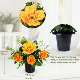 XONOR Artificial Grave Flowers in Pots, Potted Artificial Chrysanthmums Lily Daisy Flowers for Home Decor, Outdoor Cemetery Funeral Grave Decoration (1piece, Orange&White)