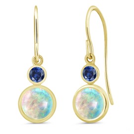 Gem Stone King 14K Yellow Gold White Simulated Opal and Blue Created Sapphire Drop Dangle Earrings For Women (1.76 Cttw, Gemstone October Birthstone, Round Cabochon 6MM and 3MM)