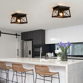 foucasal Farmhouse Ceiling Light Fixtures Black Flush Mount Ceiling Light 1-Light Industrial Metal-Framed Ceiling Lights, Rustic Flush Mount Ceiling Light for Hallway Kitchen Foyer Laundry Bedroom