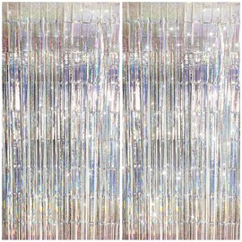 2 Pack Shiny Silver Tinsel Foil Fringe Curtains Party Streamers Party Photo Backdrop for Birthday Wedding Engagement Christmas Baby Shower Bachelorette Decoration
