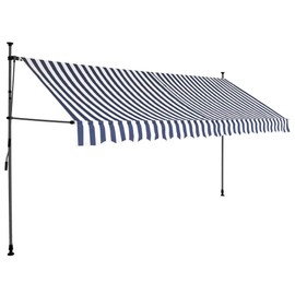 loibinfen Manual Patio Retractable Awning Sun Shade Shelter with LED, 157.5" Deck Awning Polyester Water-Resistant Canopy, UV Protection Sun Shade for Yard, Porch, Balcony, Blue and White -AA