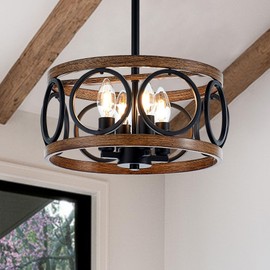 Faibra 4-Light Farmhouse Drum Pendant Light,12.6'' Nature Wood Texture Vintage Rustic Chandeliers Black Metal Industrial Hanging Light Fixtures for Entryway, Bedroom Dining Room