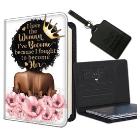 Passport Holder Women Wallet with Luggage Tag, Leather Passport Cover with RFID Blocking, Travel Accessories Multi Card Slot Passport Case for Men，Black Crown Girl Pink Flower