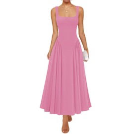 ZESICA Womens 2025 Summer Sleeveless Square Neck Sundress Casual Long Flowy A Line Knit Dress Beach Vacation Maxi Dresses,Pink,Small