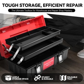 Auto Dynasty Tool Box Organizer Portable 3-layer Folding Toolbox with Non-slip Handle Tray for Garage, Workshop and On-the-Go Repairs, Red/Black