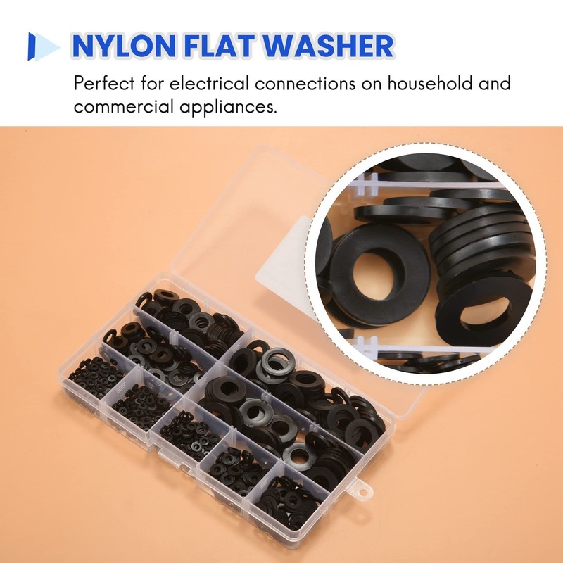 RESFNSE 600Pcs Black Nylon Rubber Flat Washer Assortment Kit for