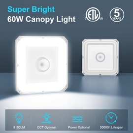 60W LED Canopy Light with Photocell, ETL DLC Listed 60W 48W 36W Adjustable Carport Lights Outdoor 8400Lm IP65 Waterproof 3000K/4000K/5000K Square Canopy Light for Gas Station Garage Shop AC100-277V